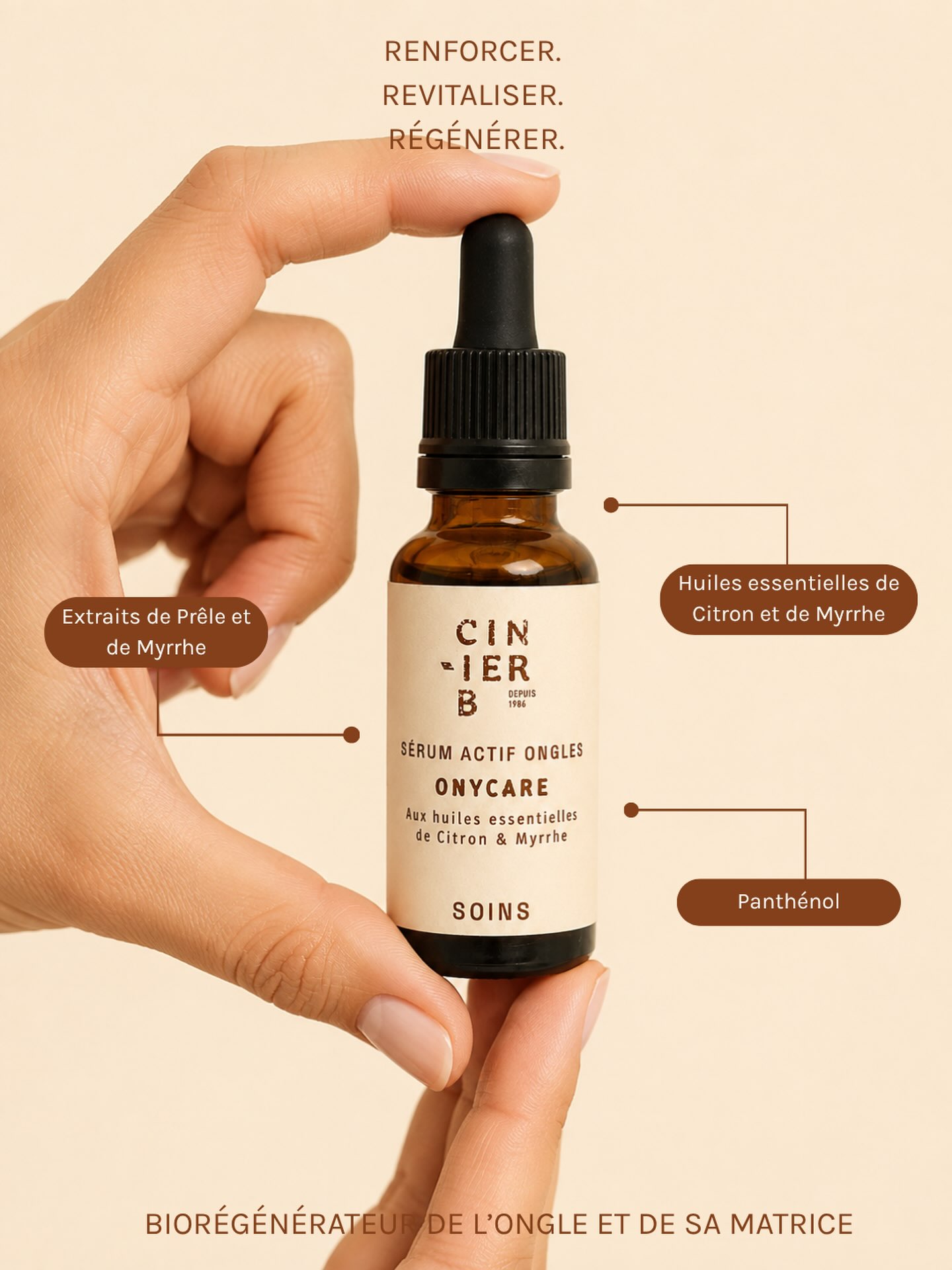 Des ongles plus forts, jour après jour.
 
Onycare est un sérum actif conçu pour les ongles mous, cassants ou dédoublés.
 
Sa formule associe Panthénol, extraits de Prêle et de Myrrhe ainsi que des huiles essentielles de Citron et de Myrrhe pour aider à renforcer, protéger et revitaliser les ongles fragilisés.
 
À appliquer régulièrement sur l’ongle nu et sa base.
 
Retrouvez Onycare sur notre site www.cinier-b.com.
 
#cinierb #onycare #soindesongles #onglesfragiles #soinnaturel