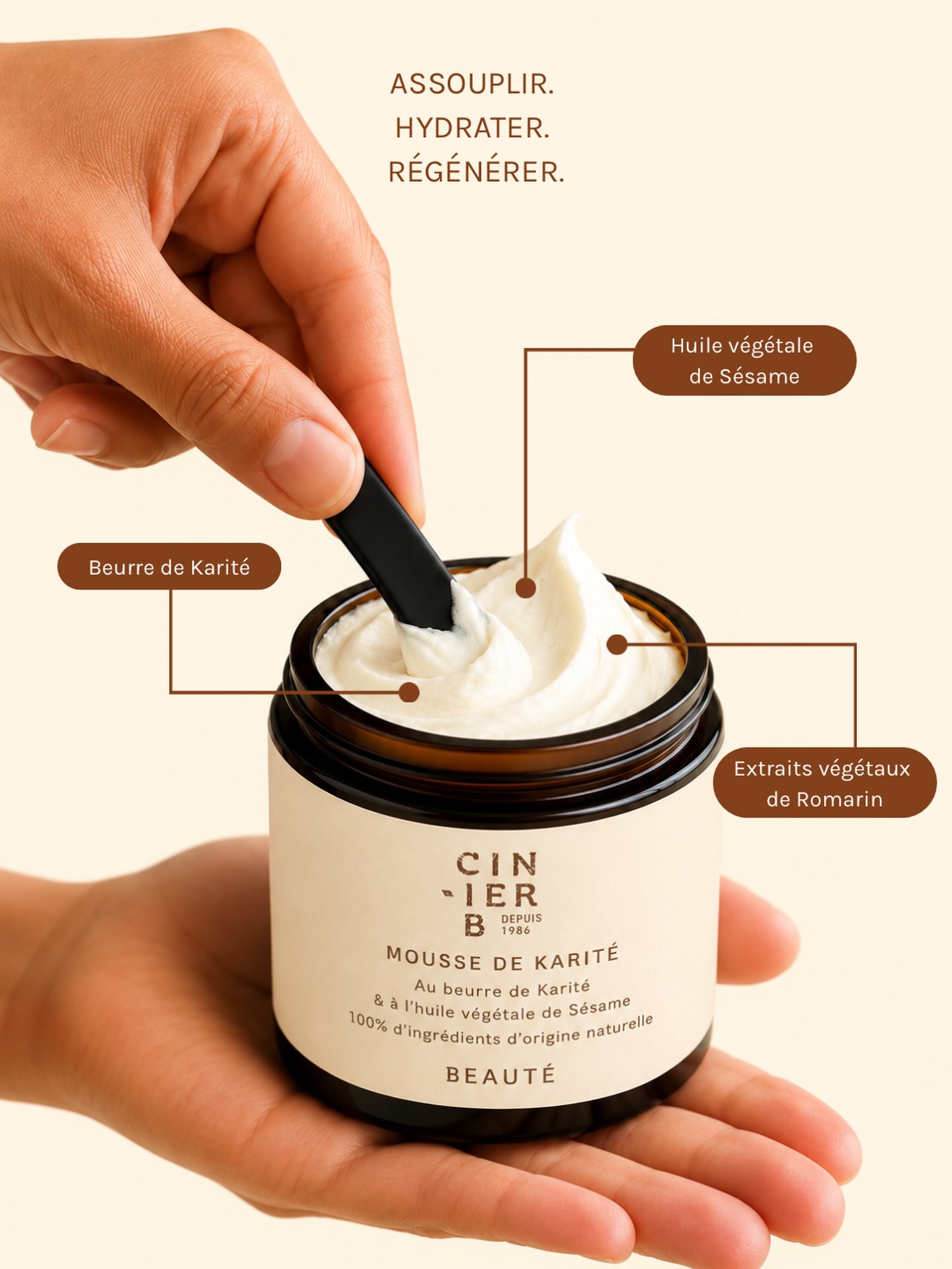 Une texture aérienne, une formule 100 %
d’origine naturelle, un soin qui enveloppe la peau.

Découvrez notre Mousse de Karité, formulée à partir
d’ingrédients soigneusement sélectionnés pour
prendre soin de votre peau au quotidien :

🌿 Beurre de Karité pour nourrir et assouplir
🌿 Huile végétale de Sésame pour préserver
l’hydratation et la souplesse de la peau
🌿 Extraits végétaux de Romarin aux propriétés
antioxydantes

Sa texture onctueuse et légère fond délicatement sur
la peau, sans laisser de film gras.

Assouplir. Hydrater. Régénérer.
Un soin naturel pour le visage & le corps, signé Cinier
B.

#moussedekarite #cosmetiques #skincareroutines
#soinscorps #beauté